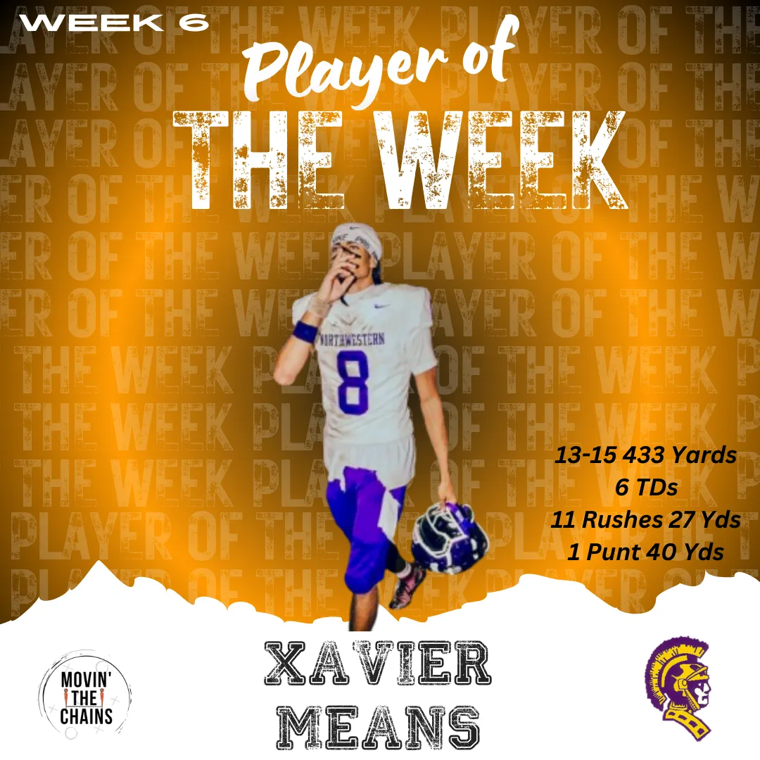 Movin' The Chains Week 6 Player of the Week: Xavier Means, Northwestern. 13-15 433 yards 6 TDs, 11 rushes 27 yards, 1 punt 40 yards.